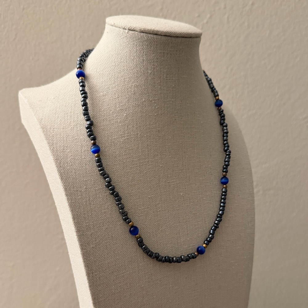 Blue and Hematite Beaded Necklace